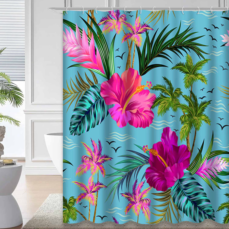 Rideau de douche imperméable à l'eau avec palmiers et hibiscus, L 72 po x l 78 po