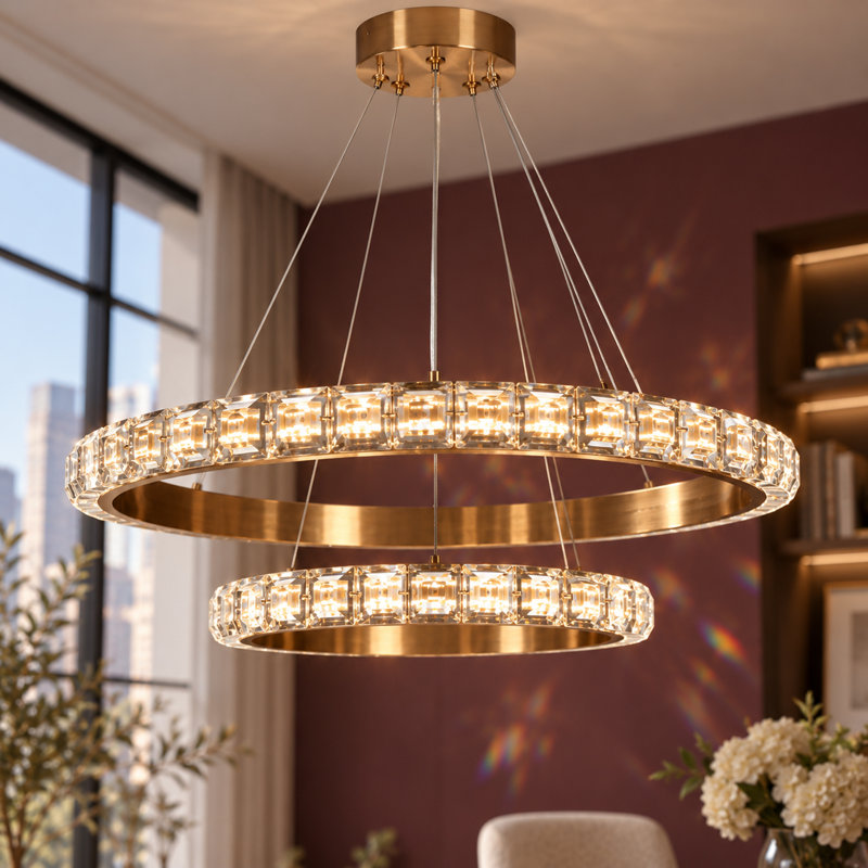 Lustre moderne à deux lumières avec intensité variable et accents de cristal, fini laiton, pour salle à manger