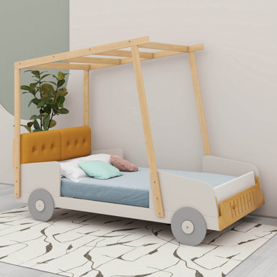 Car Bed With Upholstered Headboard, Car-Shaped Platform Bed With Ceiling Cloth