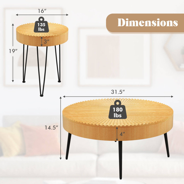 Round Natural Wood and Metal Nesting Coffee Table Set