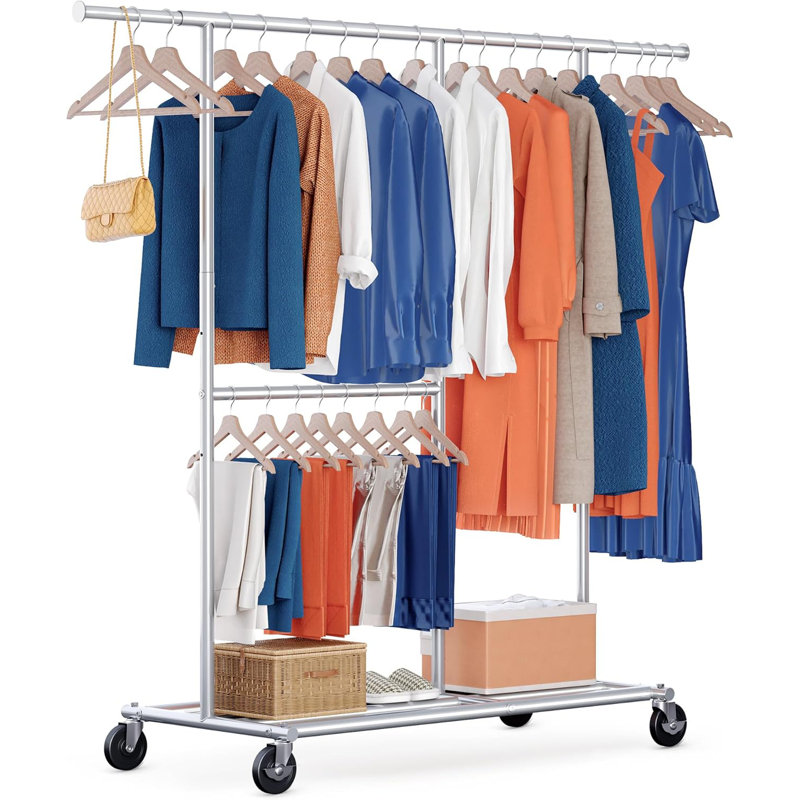 Clothes Rail with Wheels, Adjustable Height & Extendable Rod - 209kg (460lbs) Capacity, Silver
