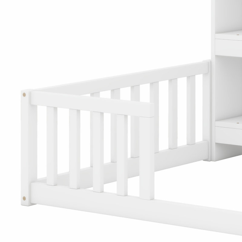 Cadre de lit minimaliste avec tablettes de rangement et garde-corps, Blanc