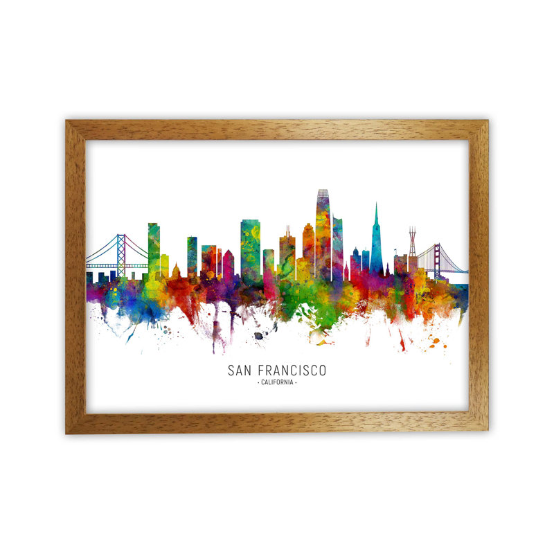 San Francisco California Skyline by Michael Tompsett - Print, Brown Framed, 64cm H x 88cm W x 3cm D