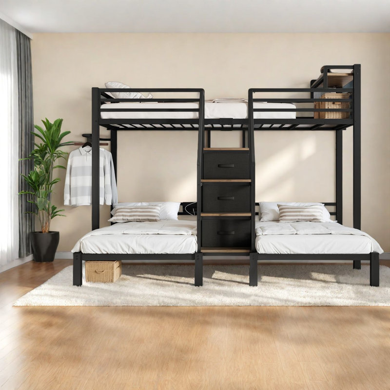 Lits gain d'espace avec rangement, lit simple triple avec cadre en métal, pour maison familiale moderne, Noir