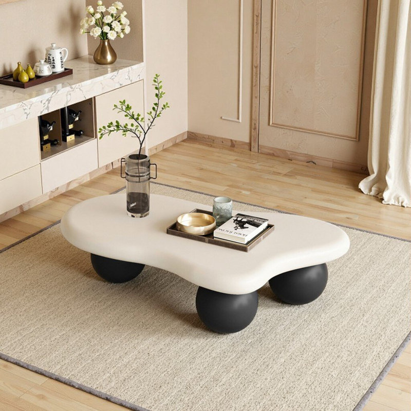 Table basse de 40 pouces en forme de nuage avec 3 pieds sphériques pour le salon, pieds blancs et pieds noirs, Blanc, Noir