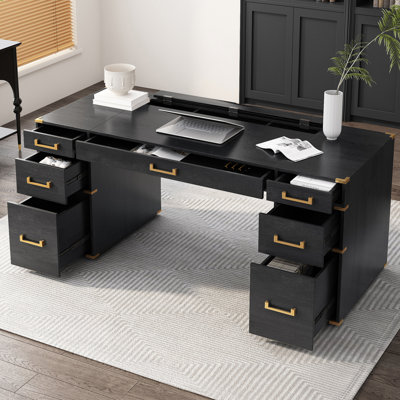 70-inch Extra-large Desk With Metal Edge, 7 Drawers, Power Outlets Classic Traditional Edge Trim, 2 File Ports For Living Room And Home Office