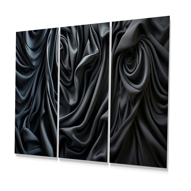 Silk Fractal Noir Curves I - Ensemble d'art mural abstrait en métal fractal de 3, H 28 po x l 36 po