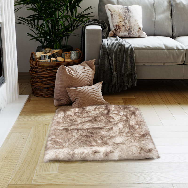 Tapis beige à poils longs fabriqué à la main Cancri, Rectangle 3 pi x 5 pi