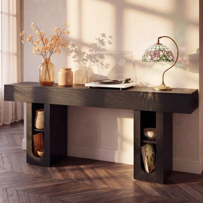 OMCHOM 63" Long Console Table with Power Outlet, Modern Entryway Table with Adjustable Storage Shelves, 300 lbs Capacity, Anti-Tip, Hallway Sofa Accent Table for Foyer, Living Room, Bedroom