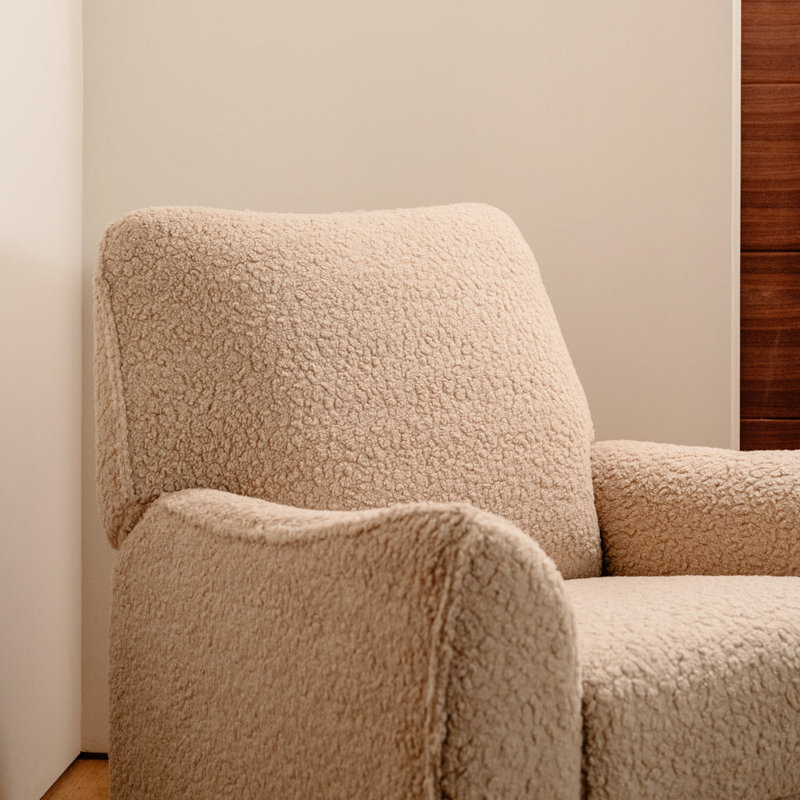 Sunday Power Recliner and Swivel Glider, Beige Sherpa, Dark Wood