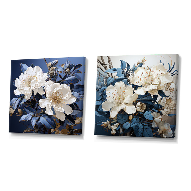 Minimalisme - Bouquet de rhododendrons - Ensemble de 2 collages rhododendrons carrés, H 16 po x l 33 po, Toile tendue