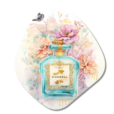 Rétro bouteille de parfum pastel floral I - Parfum de forme nébuleuse, art mural asymétrique en métal
