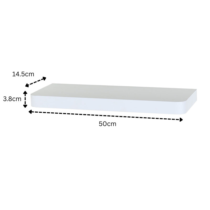 Floating Narrow Wall Shelf, Rounded Front Corners, Foiled Finish, White, 3.8 cm H x 50 cm W x 14.5 cm D