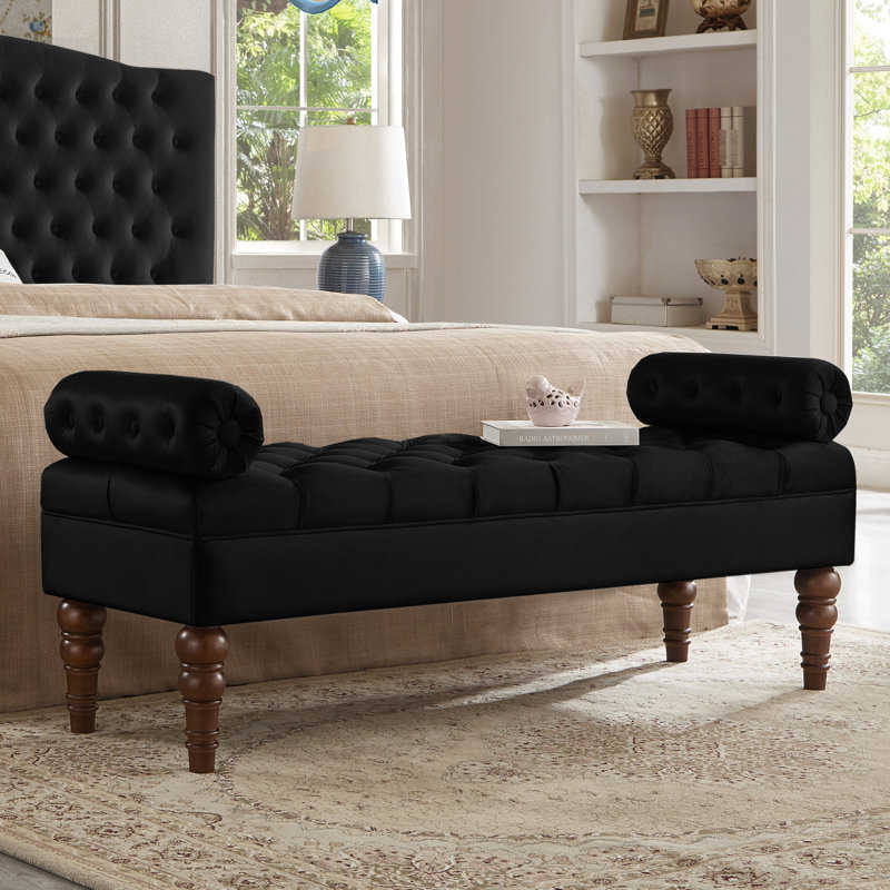 Upholstered Bedroom Bench In Black - Velvet Seat Wood Construction, Black