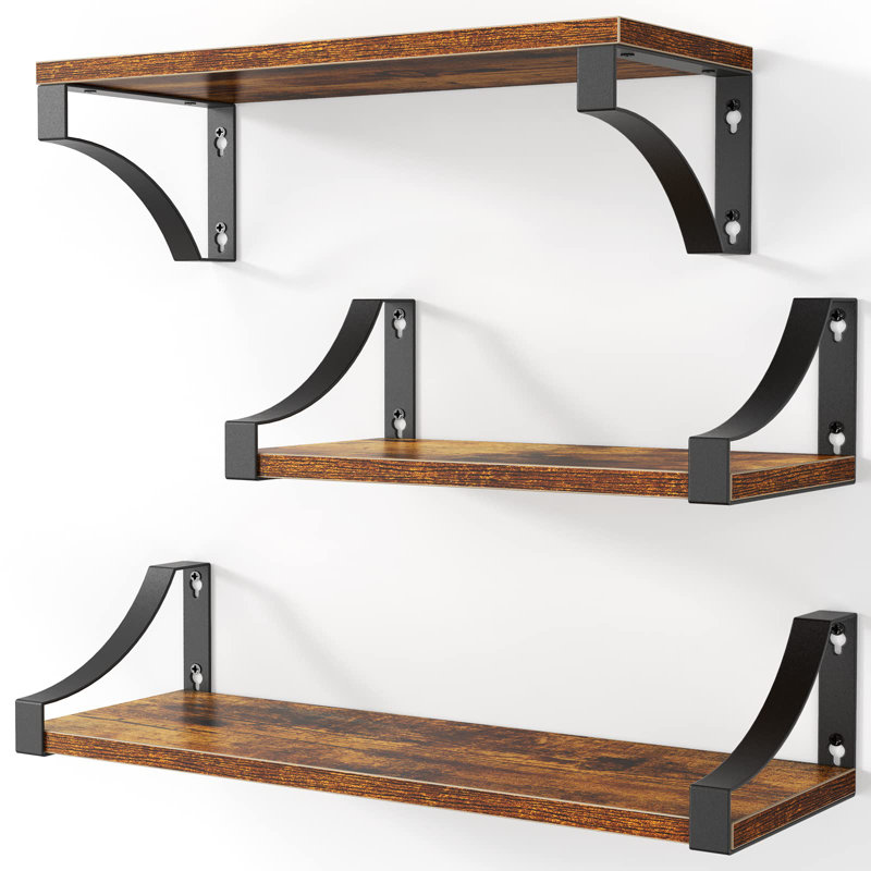 3 Piece Paulownia Floating Shelf, Rustic Brown