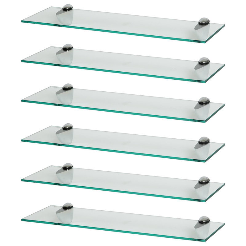 Harbour Housewares - Floating Glass Shelves with Silver Brackets - Set of 6, 0.50cm H x 60cm W x 13cm D
