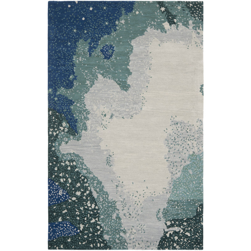 Amiere Abstract Handmade Tufted Wool Blue Area Rug, Rectangle 5' x 8'