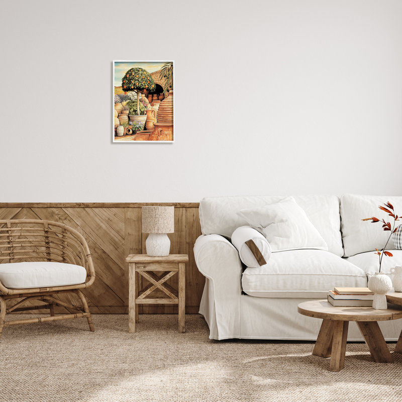 Oranger et scène de poterie par Eduardo, H 20 po x l 16 po x P 1,5 po, Giclée encadrée blanc bord de mer
