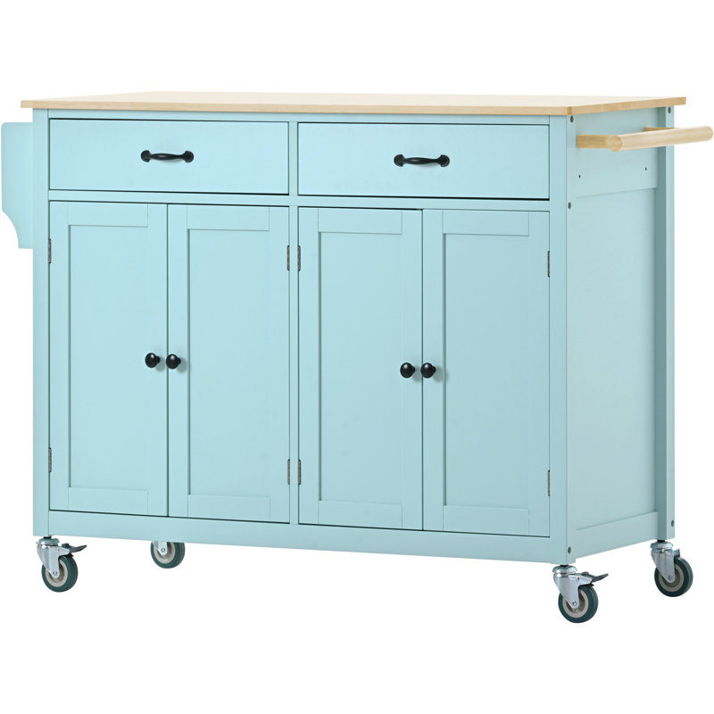 Kitchen Island Cart With 4 Door Cabinet And Two Drawers And 2 Locking Wheels - Solid Wood Top, Adjustable Shelves, Green