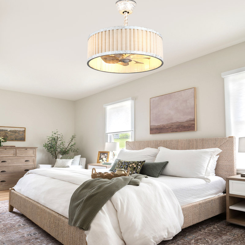 20" Boho Caged Ceiling Fan with Light and Remote, White Fabric Vintage Fandelier Ceiling Fan with 6 Speeds for Bedroom