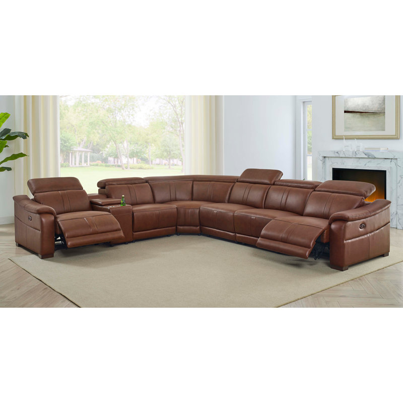 Leather Match Modular Sectional with Recliner Seat and Adjustable Headrest and Storage Console with Cup Holders