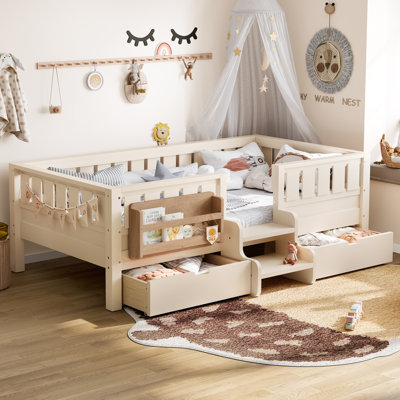 Twin with built-in bookshelves and storage drawers, Safety Staircase design and high-quality safety rails,Beige