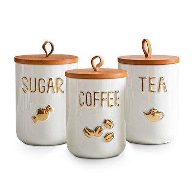 3-Piece White Ceramic Canister Set with Airtight Wood Lids, 25oz Food Storage Jars for Coffee, Tea & Sugar