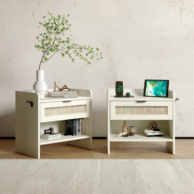 Rattan Nightstand Set of 2, Bedside Table with Type-C Charging Station - 1 Drawer & Open Space,Boho End Table Side Table