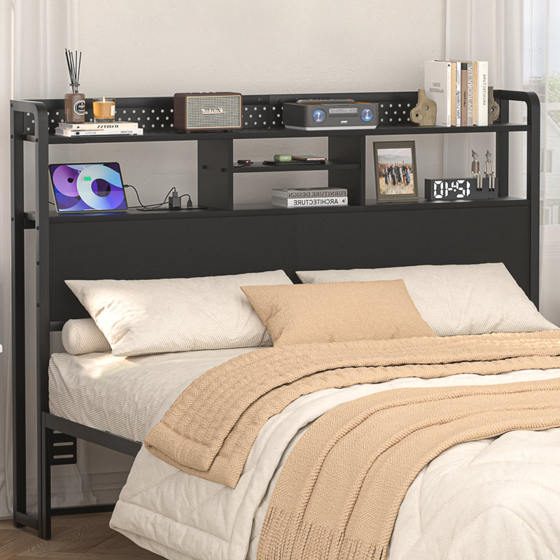 Miljenko Headboard with Led Lights & Charging Station, Black, Queen