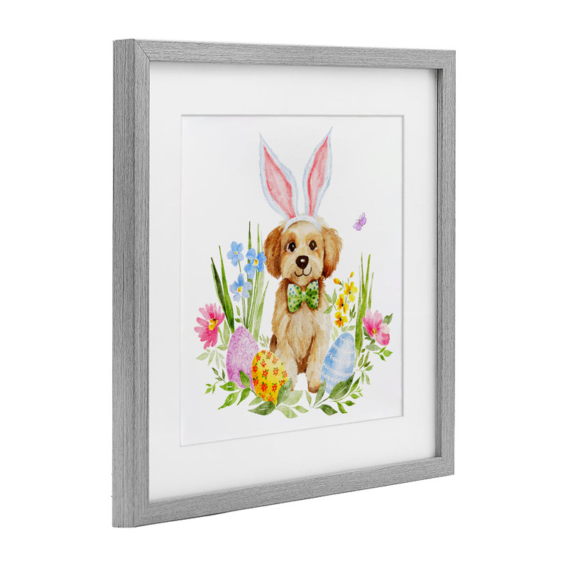 Chiot de Pâques ludique, reproduction sous verre, conception par Amy Hall, Cadre de ferme gris, H 13 po x l 13 po