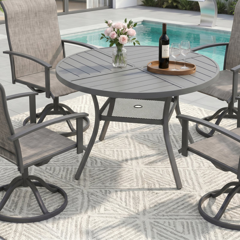 4-Person Round Patio Dining Set With Swivel PVC-Coated Polyester Chairs, Gray