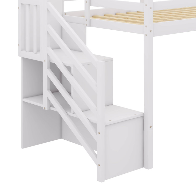 Lit mezzanine simple avec escalier de rangement et fenêtre intégrée, Blanc