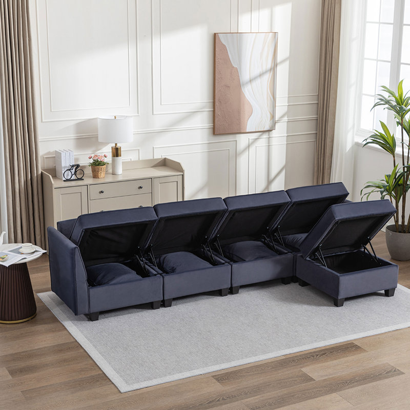 Canapé modulaire à méridienne 5 pièces Marai, Velours bleu marine