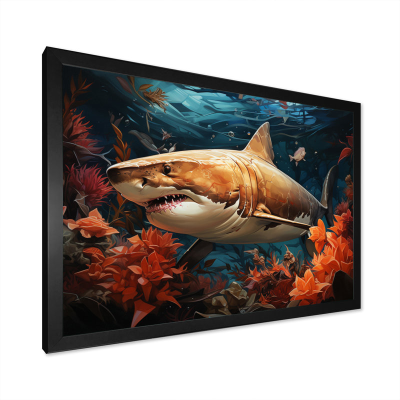 " Grey Orange Shark Underwater Symphony ", 24" H x 32" W, Black Picture Framed