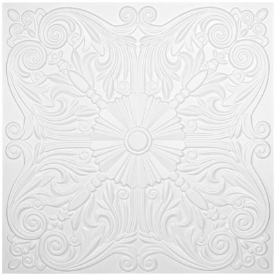 Carreaux de plafond en PVC 24 po x 24 po Art3d, carreau de plafond à motif floral espagnol imperméable, paquet de 12, blanc