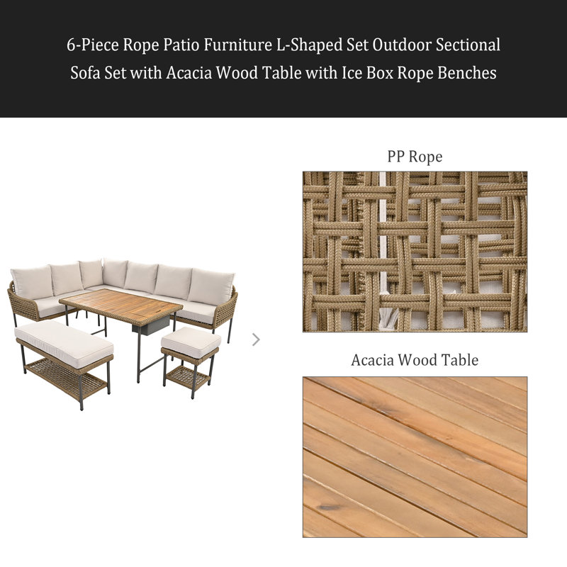 Ensemble de 6 chaises en forme de L en corde de patio, ensemble de canapé modulaire d'extérieur avec table en bois d'acacia avec glacière, bancs en corde, ensemble de conversation en corde avec assise profonde et coussin épais pour canapé
