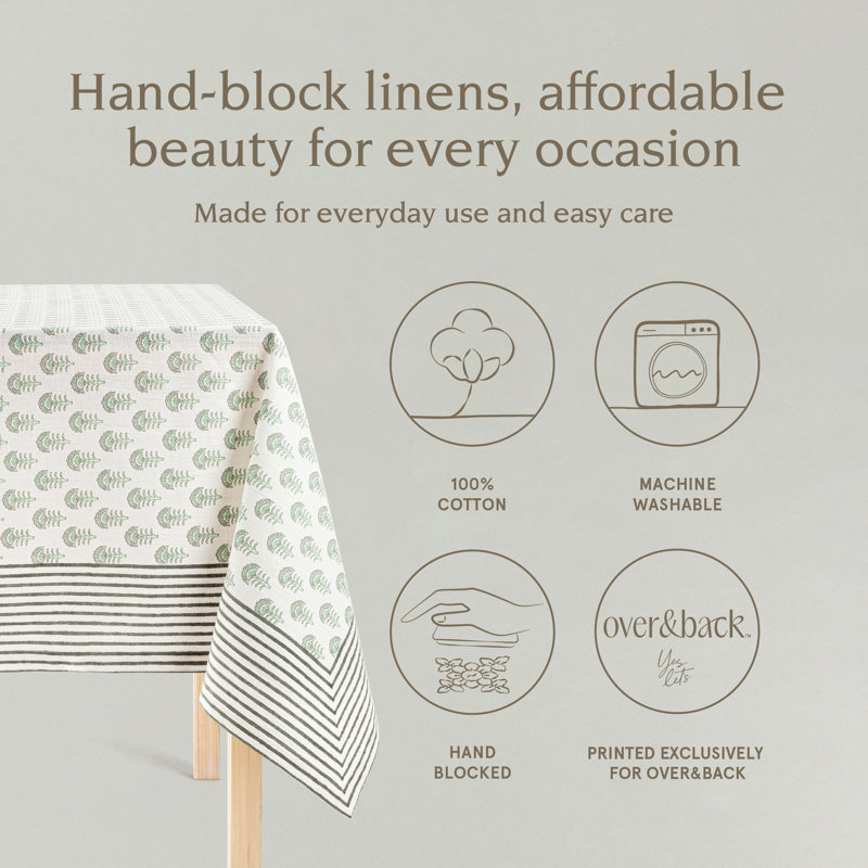 Hand-Screened Green Flower Cotton Rectangular Tablecloth
