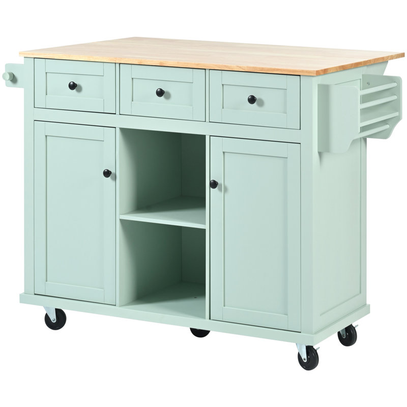 Rolling Kitchen Island With Space Saving Options, Mint Cart Rubberwood Drop Countertop And Storage, 5 Wheels, 3 Drawers, Adjustable Shelf For Multi-Purpose Rooms