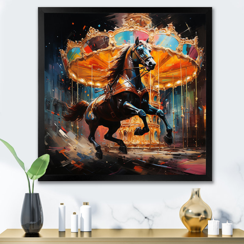 Carrousel Horses II - reproduction sur toile, H 16 po x l 16 po x P 1 po, Cadre photo noir