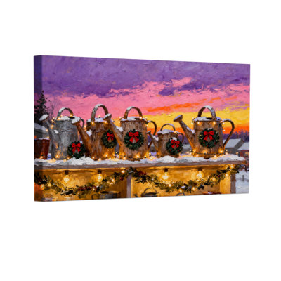 Théières de Noël sur une tablette enneigée au coucher du soleil, ensemble de 3 impressions sur toile