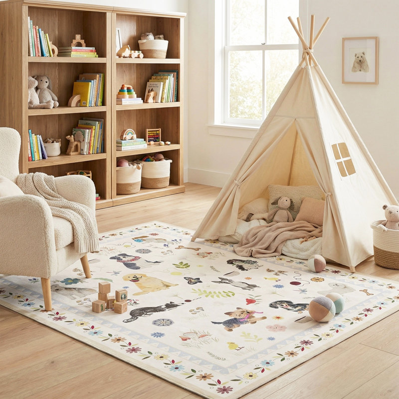 Tapis d'intérieur lavable blanc avec chiot blanc, Rectangulaire 8 pi x 10 pi, Blanc
