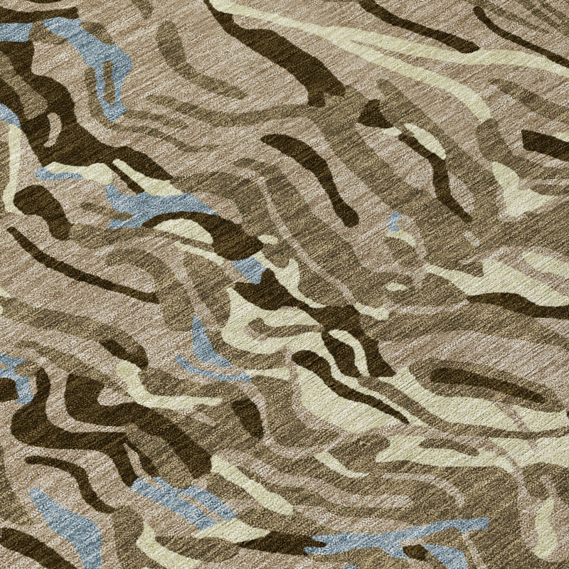 Taupe and Blue Synthetic Washable Non-slip Rectangular Rug