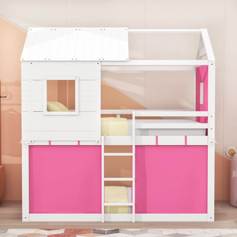 Frame House Bed With Tent And Ladder, Pink White, Twin Over Twin