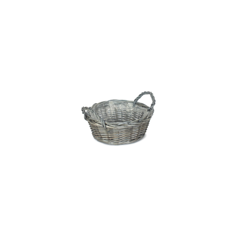 Wicker Round Storage Display Tray Basket with Lining, 14cm H x 25cm W x 25cm D, Antique Wash