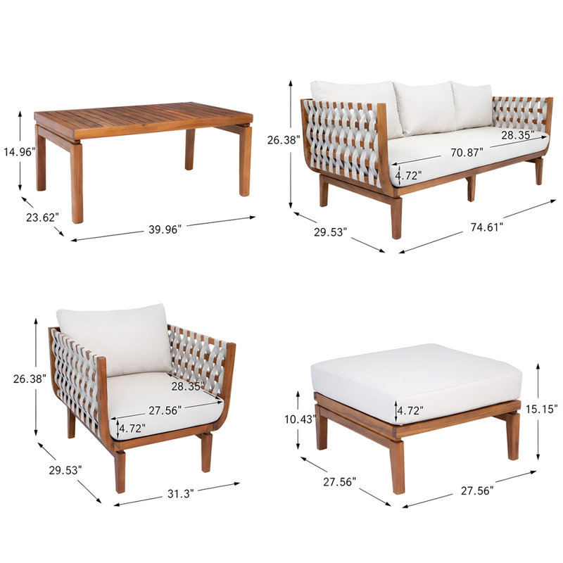 Ensemble de mobilier d'extérieur 5 pièces, ensemble de conversation en bois d'acacia avec structure en corde tissée à la main, coussins en tissu hydrofuge