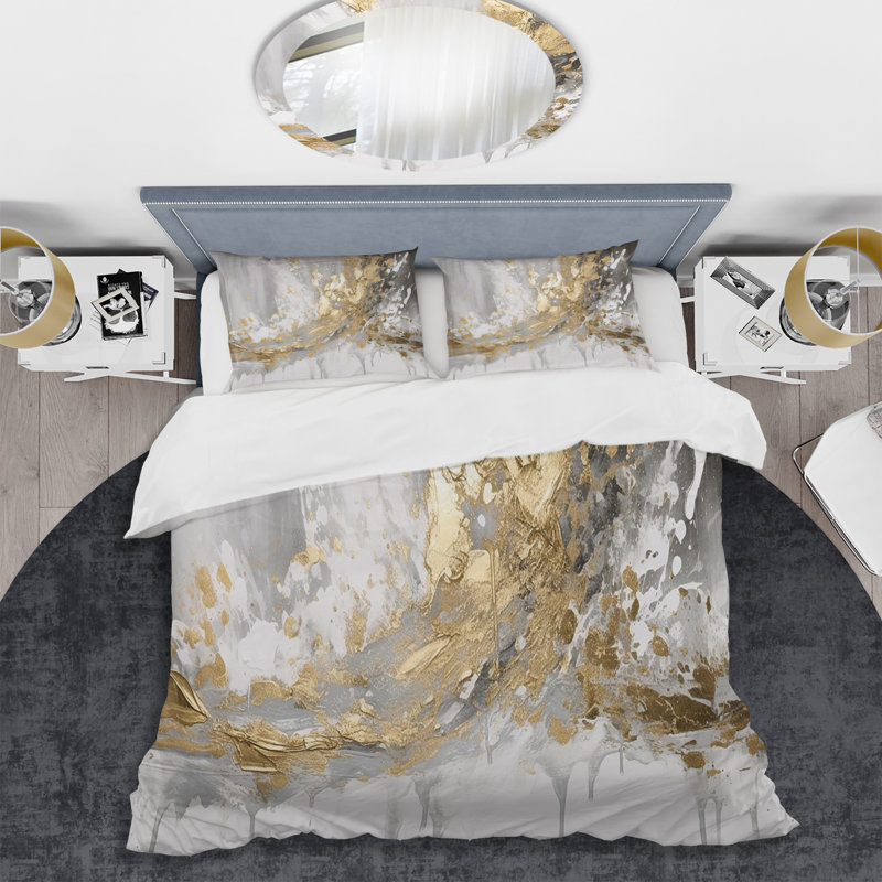 Ensemble de housse de couette en microfibre / polyester or et blanc, Housse de couette pour très grand lit et 2 très