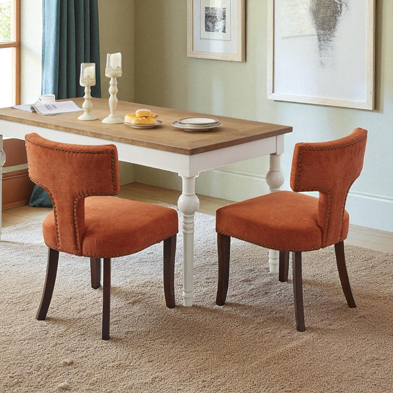 Mid Century Upholstered Dining Chairs Side Chairs Farmhouse Linen Dining Chair With Solid Wood Legs, Orange