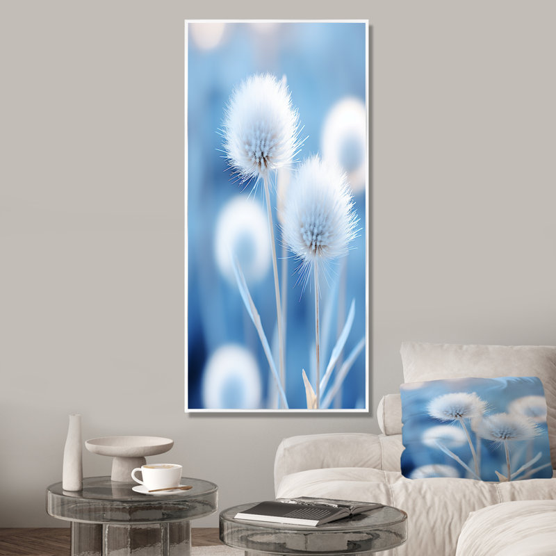 Frost Kissed Blue Thistle Flowers - chardon, art mural, Cadre flottant blanc, H 20 po x l 12 po