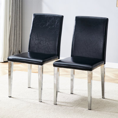 Chaises de salle à manger en polyuréthane noir avec pieds en métal argenté (de 2), conception simple et sièges confortables, coussin à haute élasticité, structure stable à deux pieds, polyvalent pour la décoration intérieure, éponge de siège, rouille