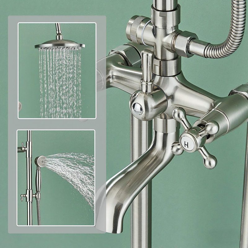 Freestanding Bathtub Faucet Floor Mount Tub Filler with Double Cross Knobs 360° Rotation Spout High Flow Floor Standing Bathtub Shower Bell Shape Shower Head with Handheld Spray